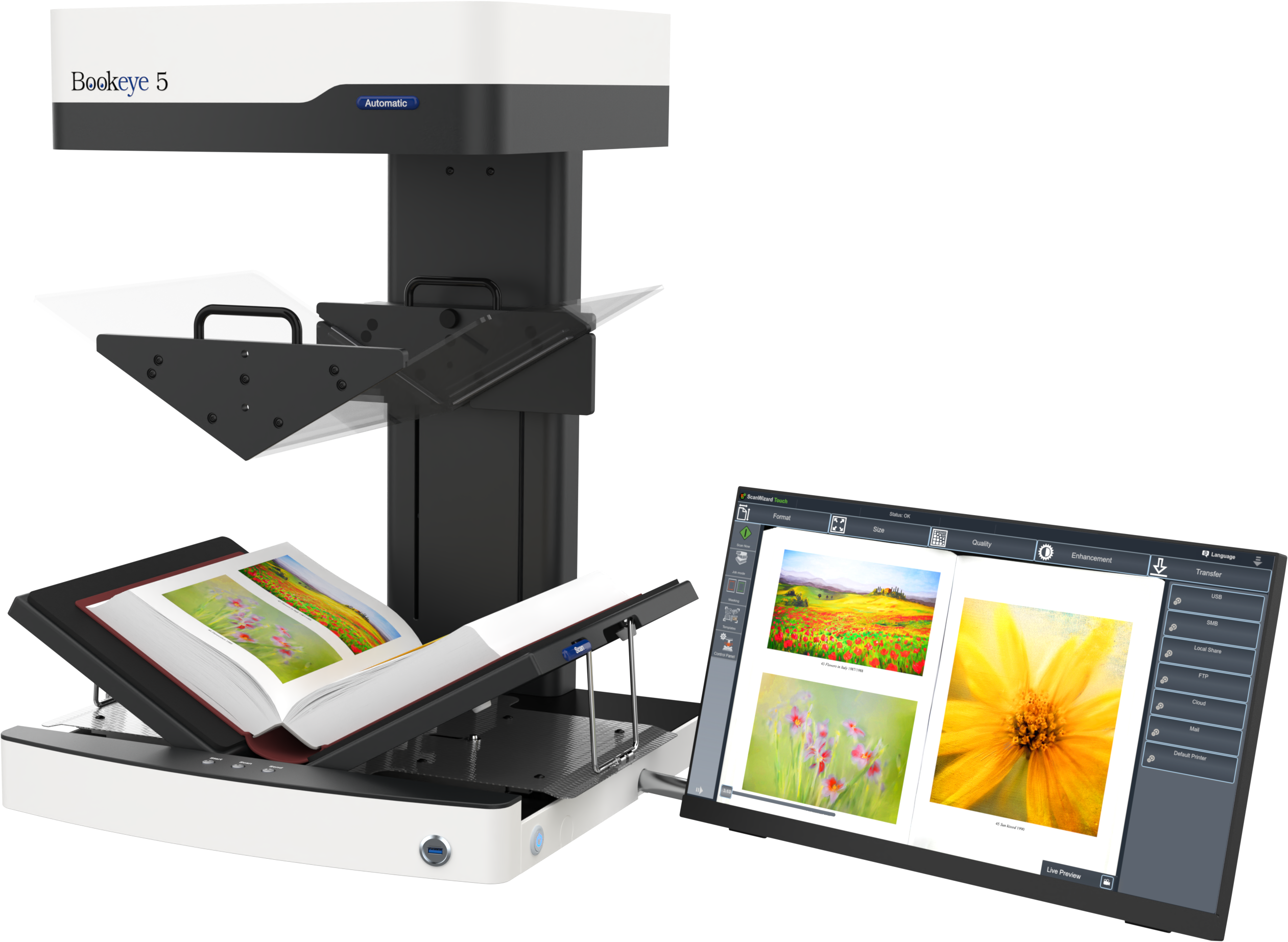 Magnetically coupled V-shaped book cradles allows users to digitize books and documents by either laying them flat on the scanning bed at 180°or in the V-cradle, at an angle of 120°. 
Live preview function shows document position for optimal placement.